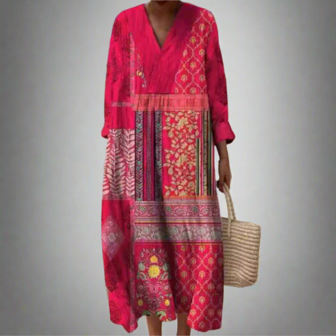 Kinsley | Boho Patchwork Midi Dress with Long Sleeves