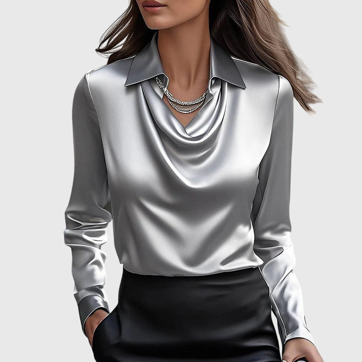 Sylvie | Chic Glossy Pleated-Neck Blouse