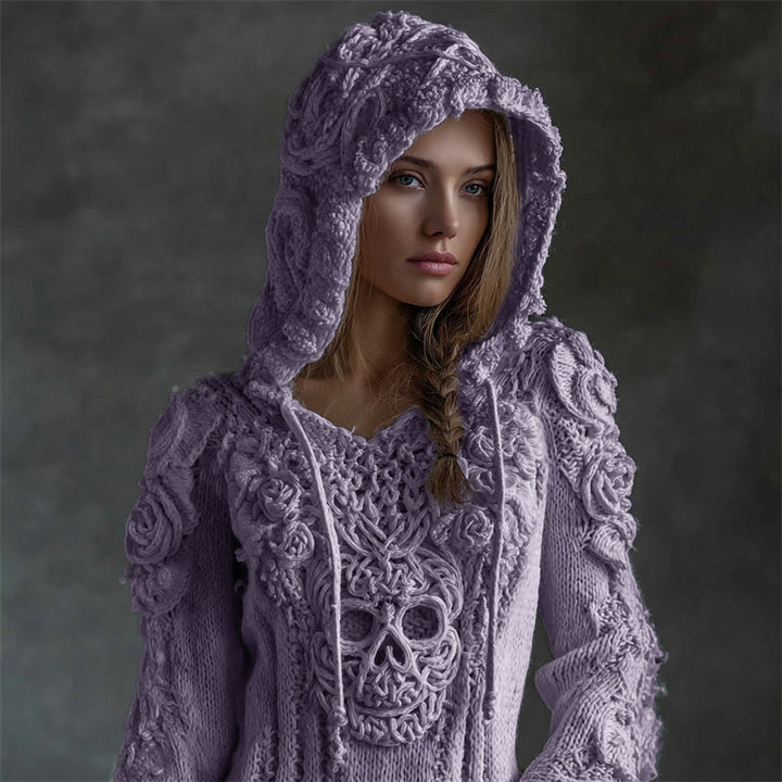 Maelis | Vintage Celtic Skull Embroidered Hooded Knit Sweater