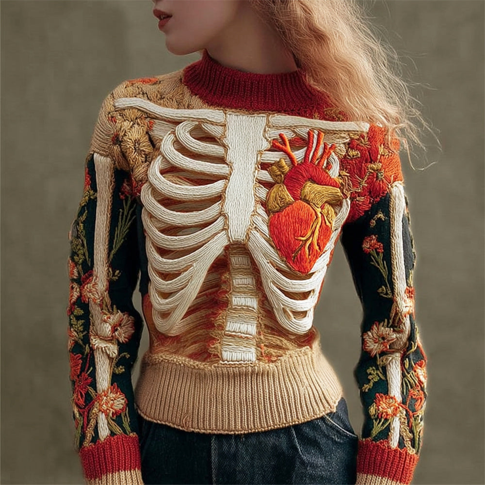 Indira | 3D Skeleton Heart Embroidered Knit Sweater