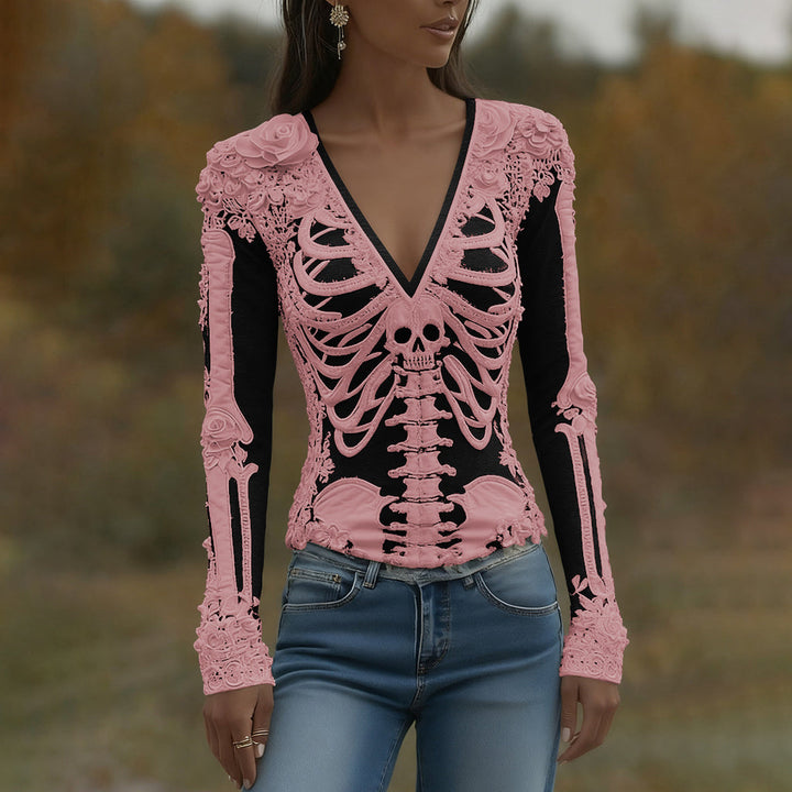 Arwen | Halloween Skeleton Bones Printed V-Neck Shirt