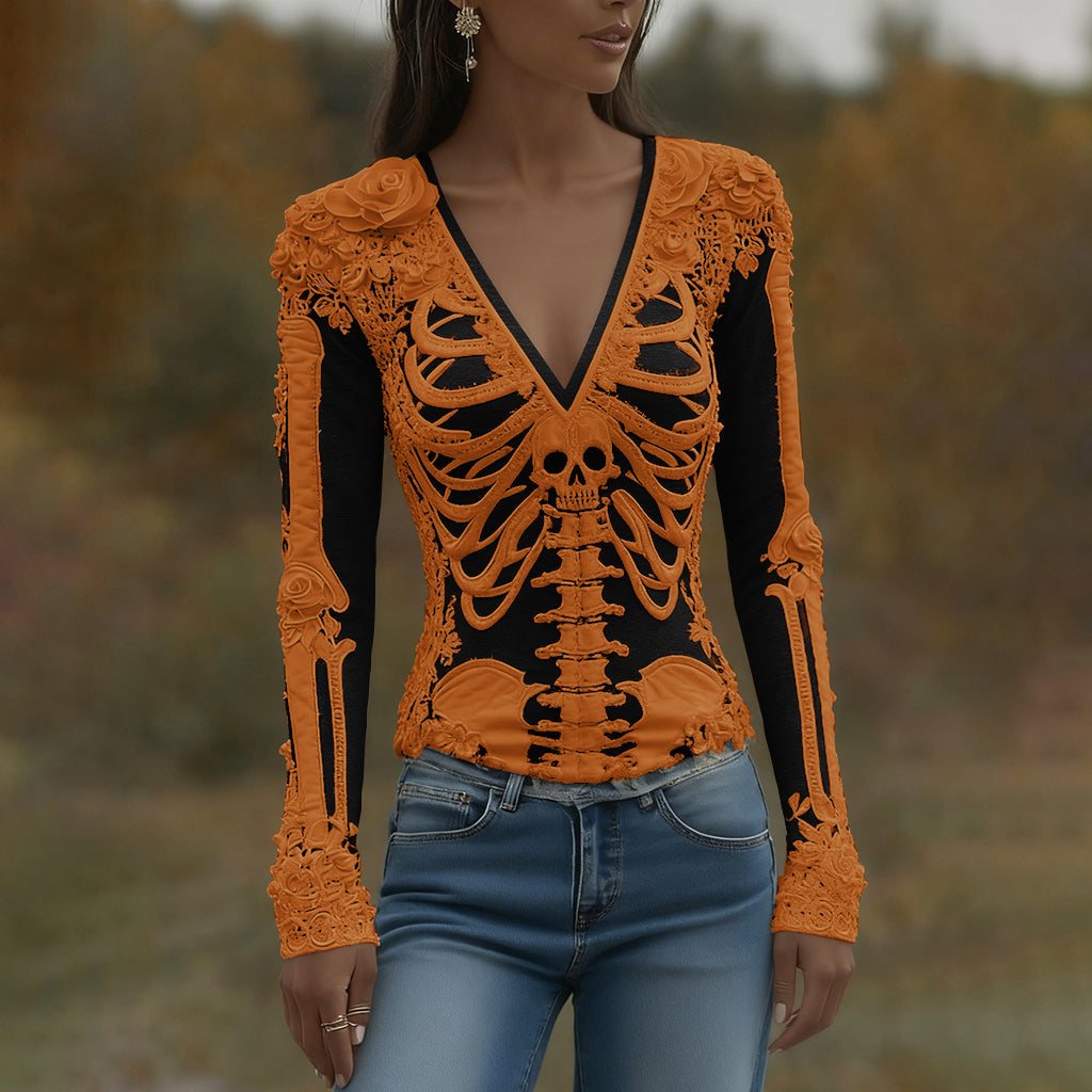 Arwen | Halloween Skeleton Bones Printed V-Neck Shirt