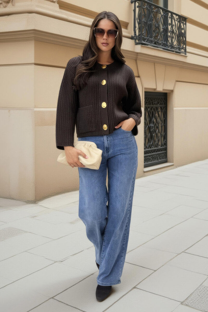 Leilani | Knitted Cardigan with Gold Buttons and Patch Pockets