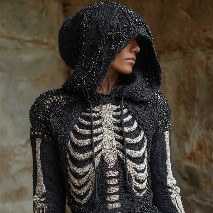 Rosamund | Gothic Skeleton Beaded Hooded Knit Sweater