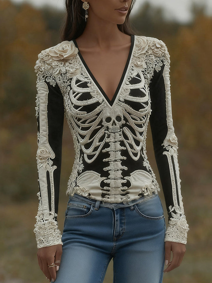 Arwen | Halloween Skeleton Bones Printed V-Neck Shirt