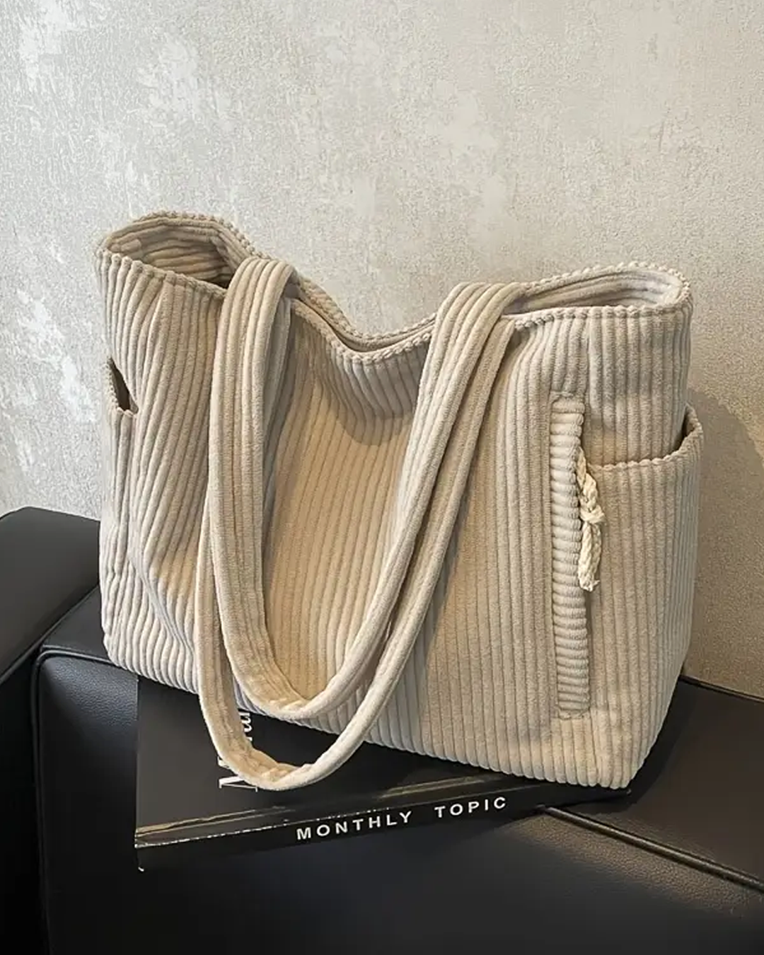 Aria | Ribbed tote bag with decorative drawstring