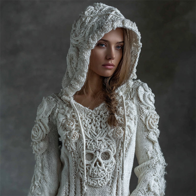 Maelis | Vintage Celtic Skull Embroidered Hooded Knit Sweater
