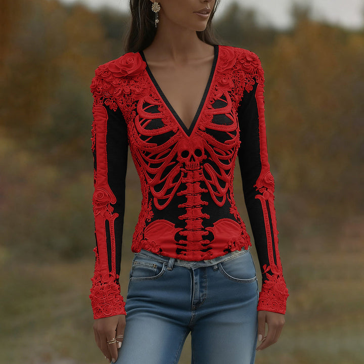 Arwen | Halloween Skeleton Bones Printed V-Neck Shirt