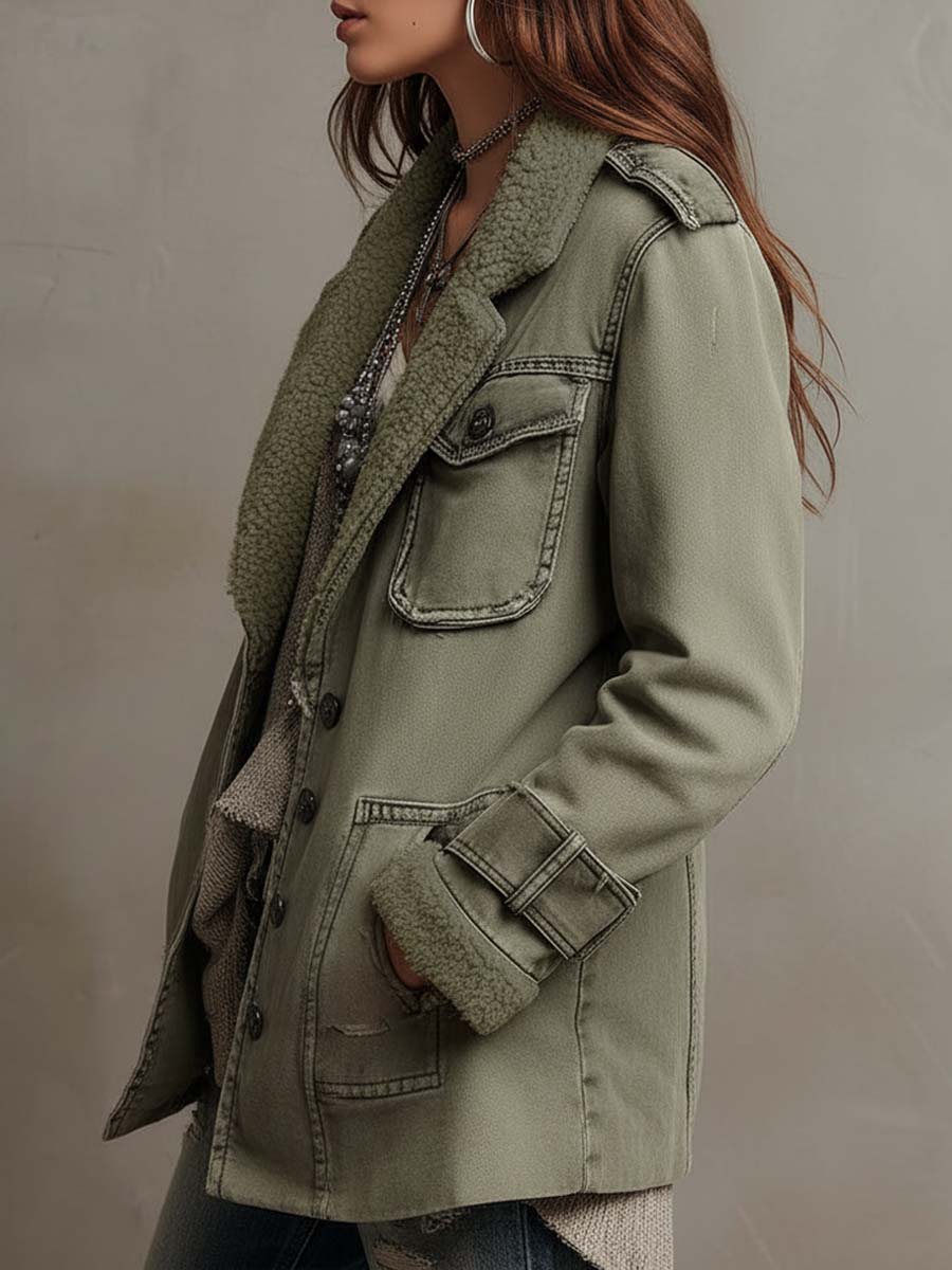 Zinniah | Vintage Inspired Utility Jacket with Sherpa Trim