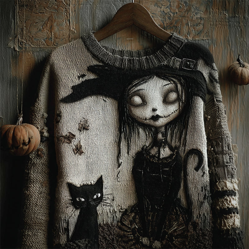 Mireya | Spooky Witch & Black Cat Printed Knit Sweater