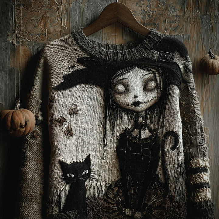 Mireya | Spooky Witch & Black Cat Printed Knit Sweater