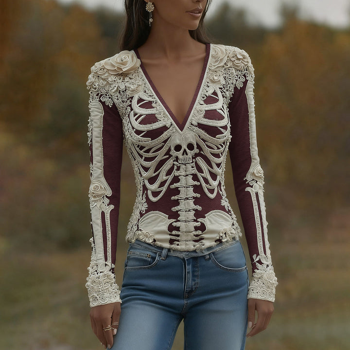 Arwen | Halloween Skeleton Bones Printed V-Neck Shirt