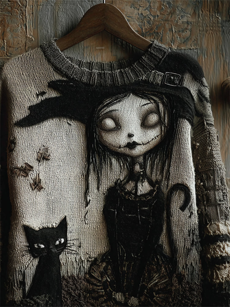 Mireya | Spooky Witch & Black Cat Printed Knit Sweater