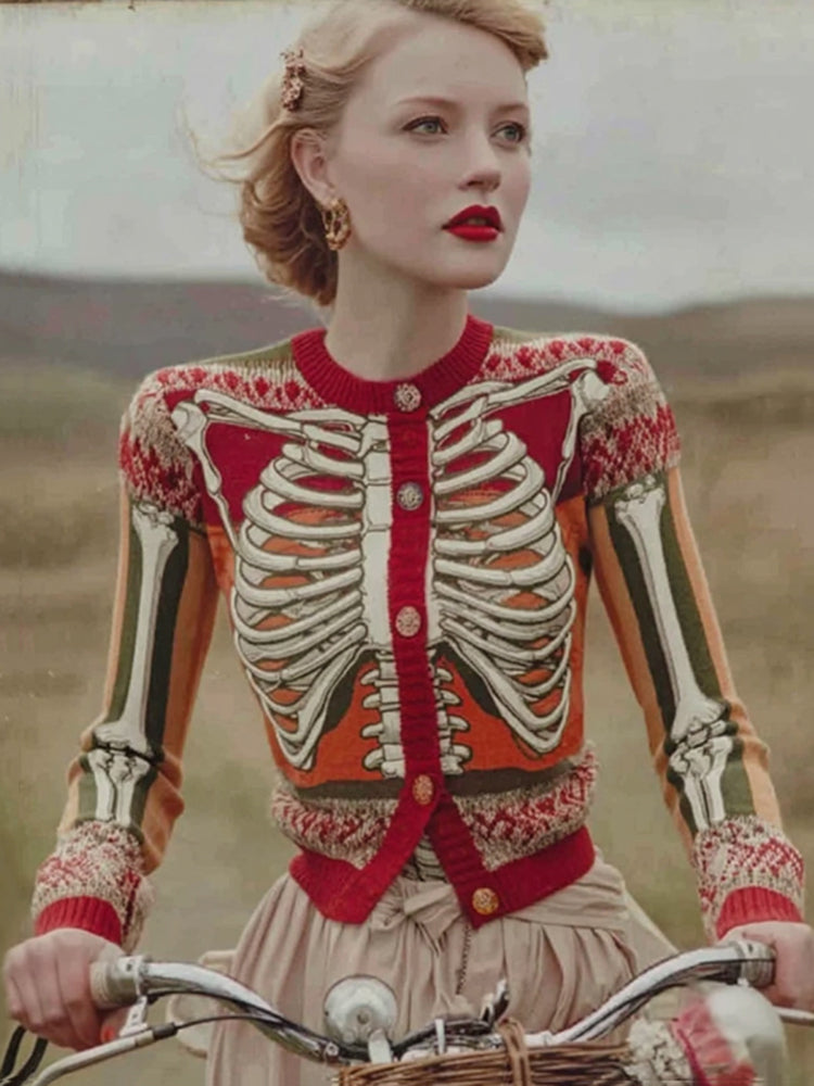 Sabella | Artistic Skeleton-Inspired Vintage Button Cardigan