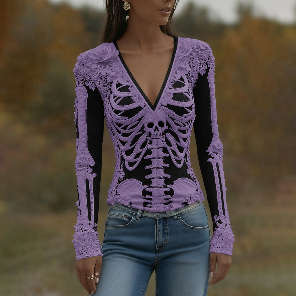 Arwen | Halloween Skeleton Bones Printed V-Neck Shirt