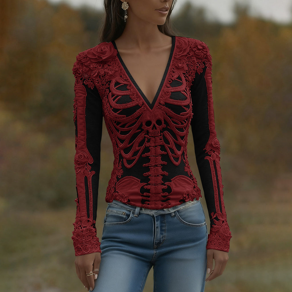 Arwen | Halloween Skeleton Bones Printed V-Neck Shirt
