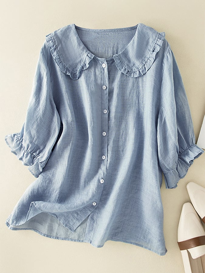 Maren | Lightweight Button-Up Top with Ruffle Neckline