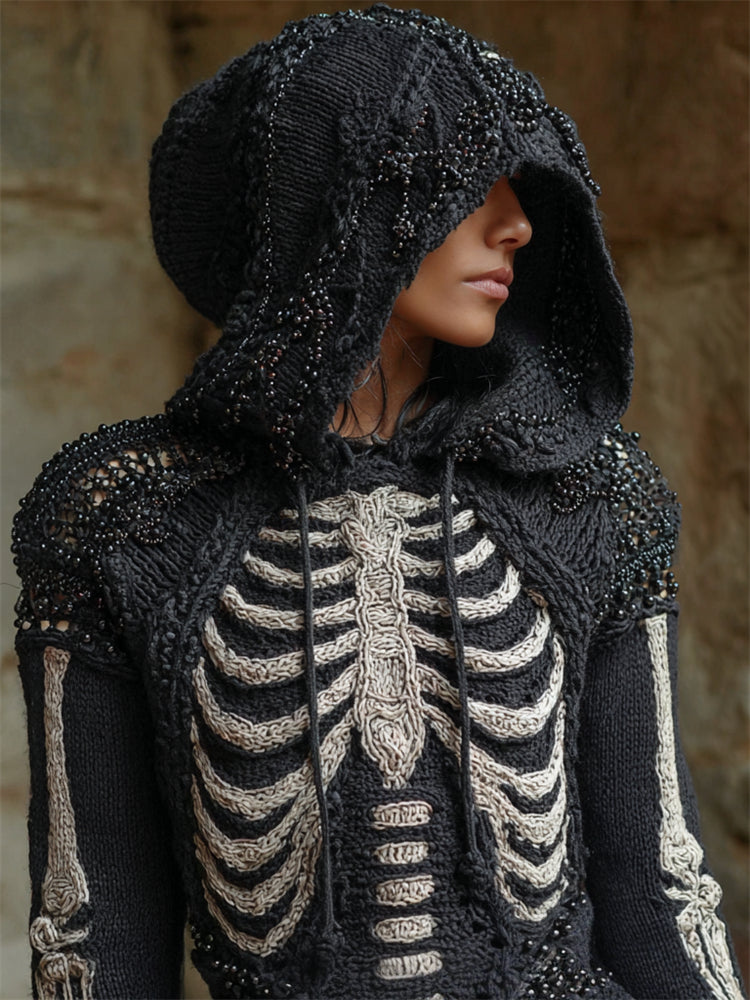 Rosamund | Gothic Skeleton Beaded Hooded Knit Sweater