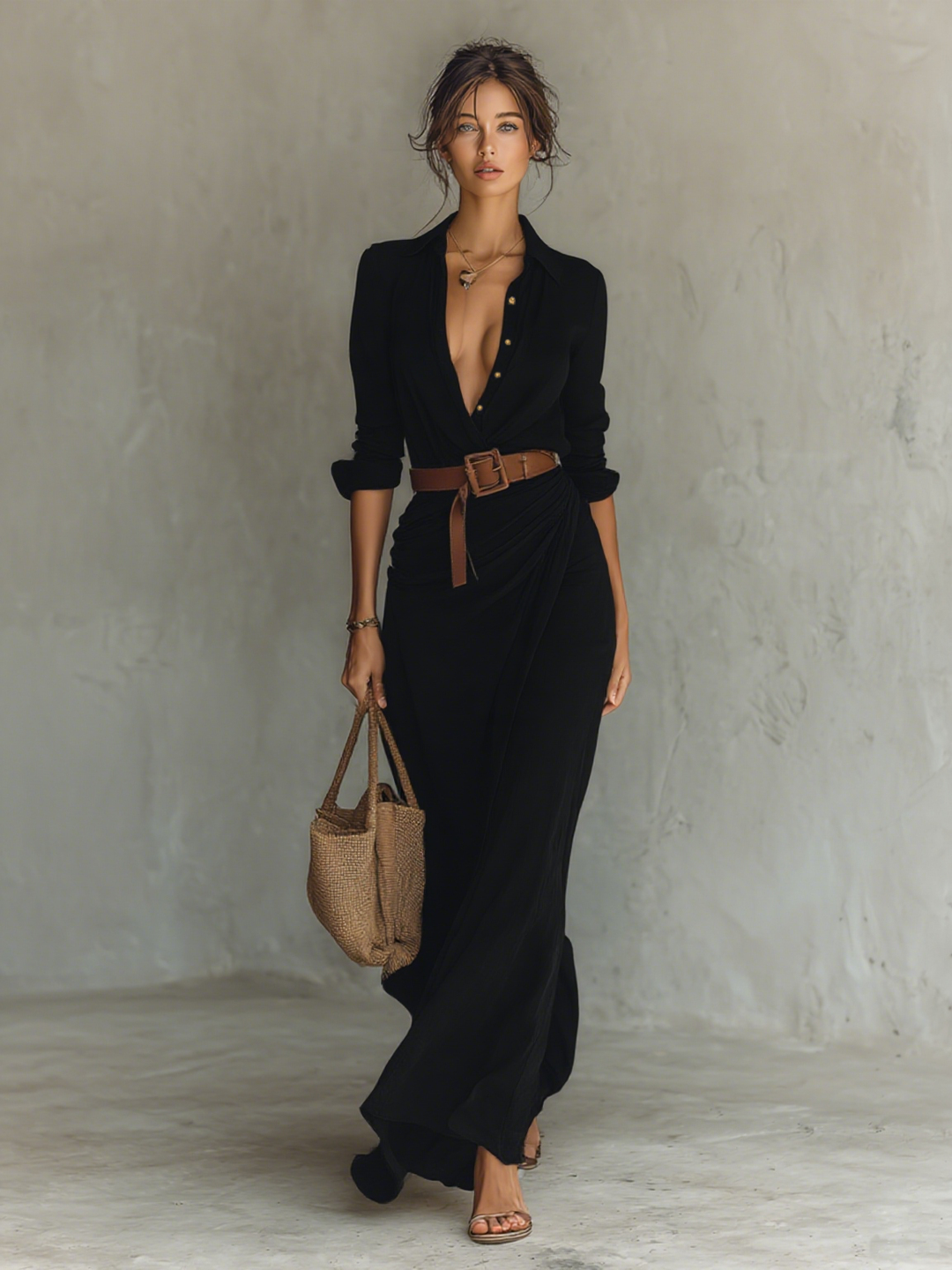 Marcella | Elegant Maxi Dress with Belt and Classic Lapel Collar