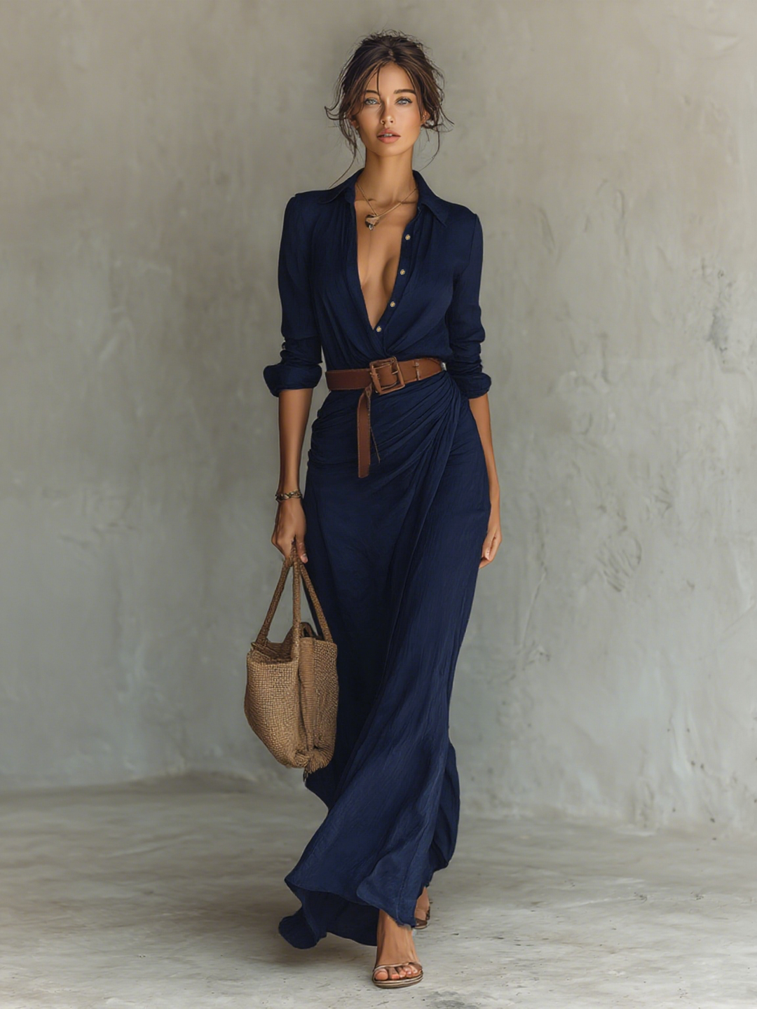 Marcella | Elegant Maxi Dress with Belt and Classic Lapel Collar
