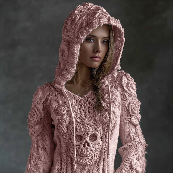 Maelis | Vintage Celtic Skull Embroidered Hooded Knit Sweater