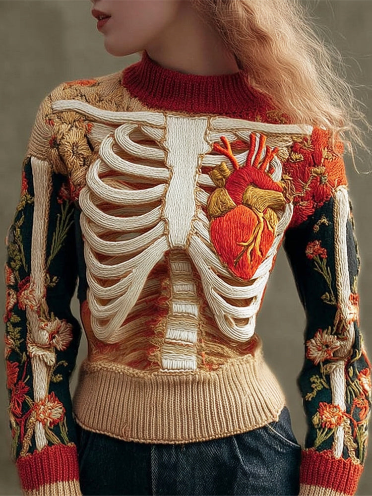 Indira | 3D Skeleton Heart Embroidered Knit Sweater