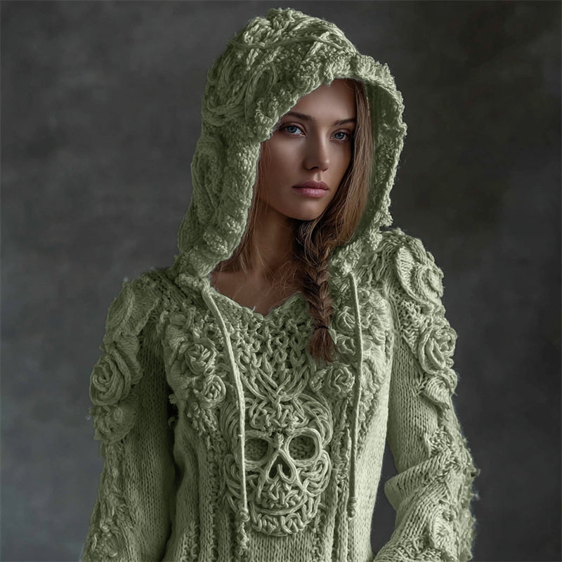 Maelis | Vintage Celtic Skull Embroidered Hooded Knit Sweater