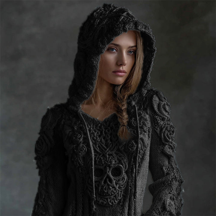 Maelis | Vintage Celtic Skull Embroidered Hooded Knit Sweater