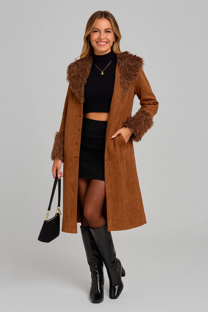 Allegra | Classic Long Trench Coat with Warm Fur Accents
