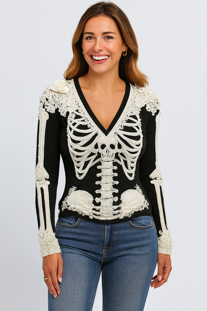 Arwen | Halloween Skeleton Bones Printed V-Neck Shirt