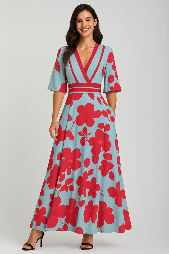 Aveline | Elegant Floral V-Neck Maxi Dress with Pockets