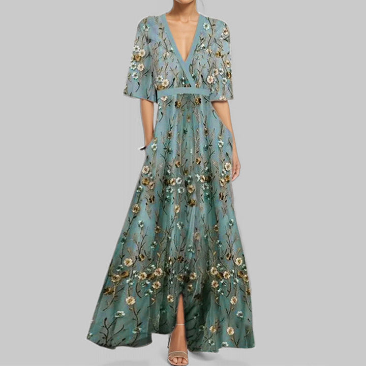 Aveline | Elegant Floral V-Neck Maxi Dress with Pockets