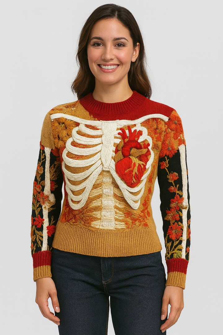 Indira | 3D Skeleton Heart Embroidered Knit Sweater