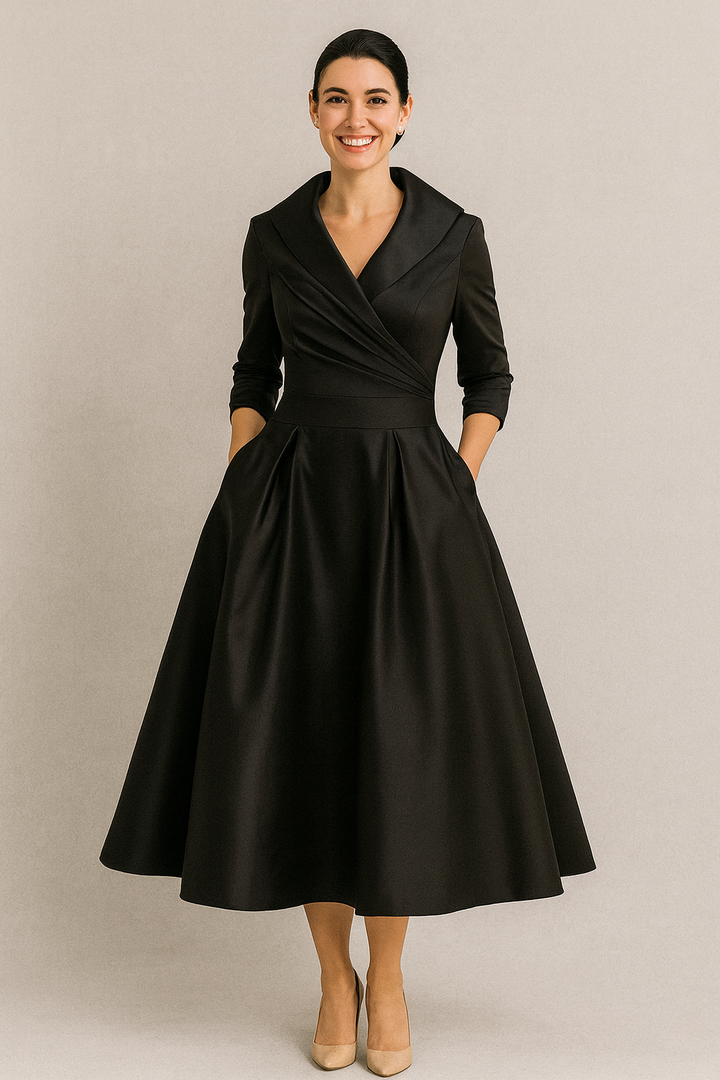 Lea | Elegant Draped Midi Dress with A-Line Silhouette