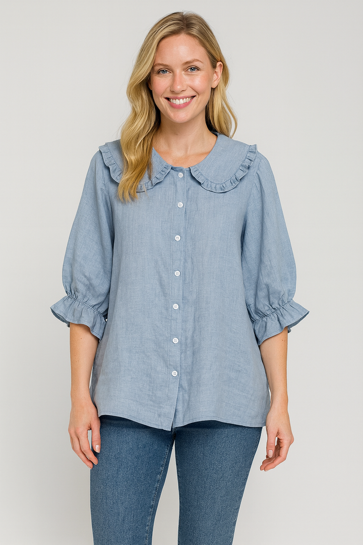 Maren | Lightweight Button-Up Top with Ruffle Neckline