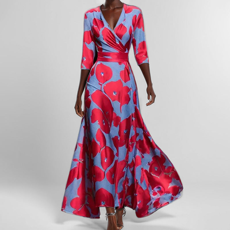 Aveline | Elegant Floral V-Neck Maxi Dress with Pockets