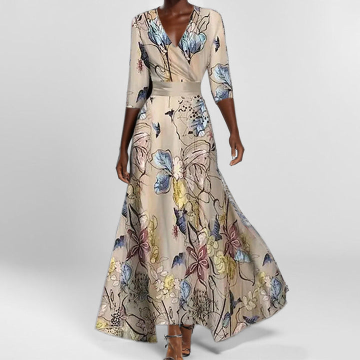 Aveline | Elegant Floral V-Neck Maxi Dress with Pockets