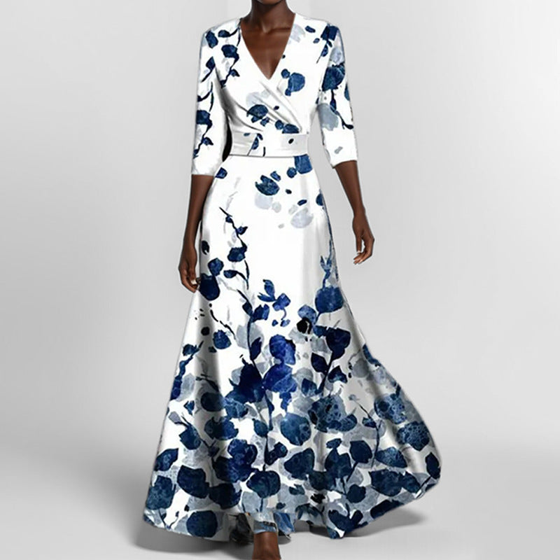 Aveline | Elegant Floral V-Neck Maxi Dress with Pockets