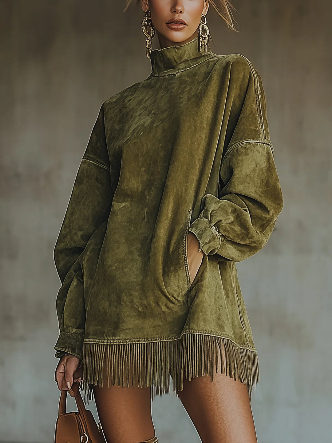 Irena | Long Sleeve Fringe-Trim Mini Dress