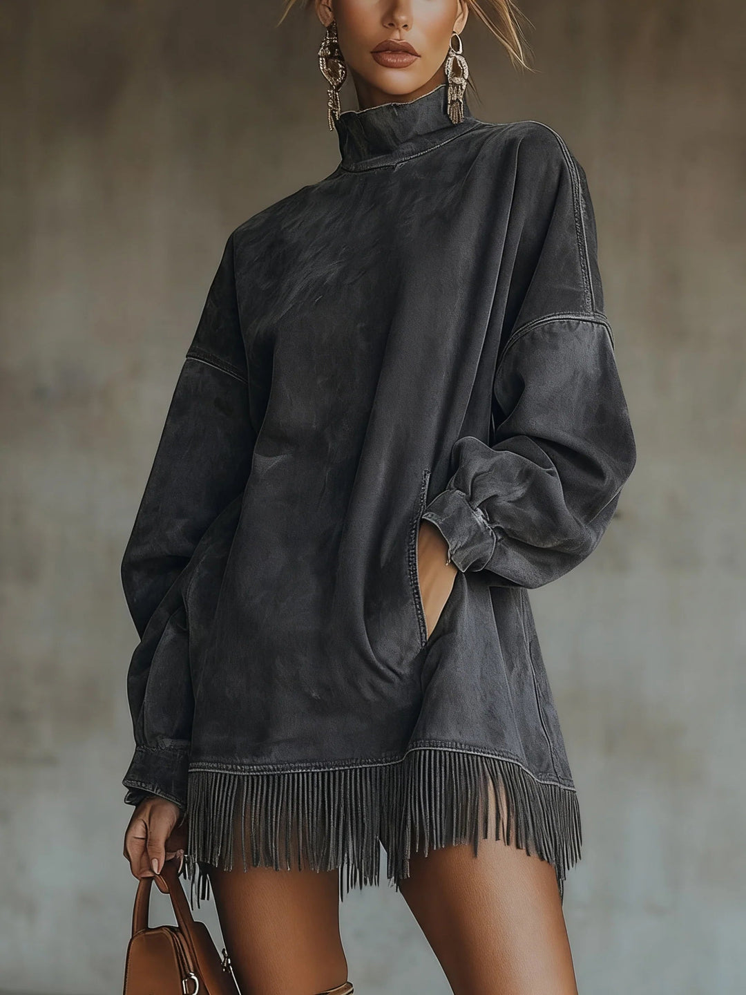 Irena | Long Sleeve Fringe-Trim Mini Dress