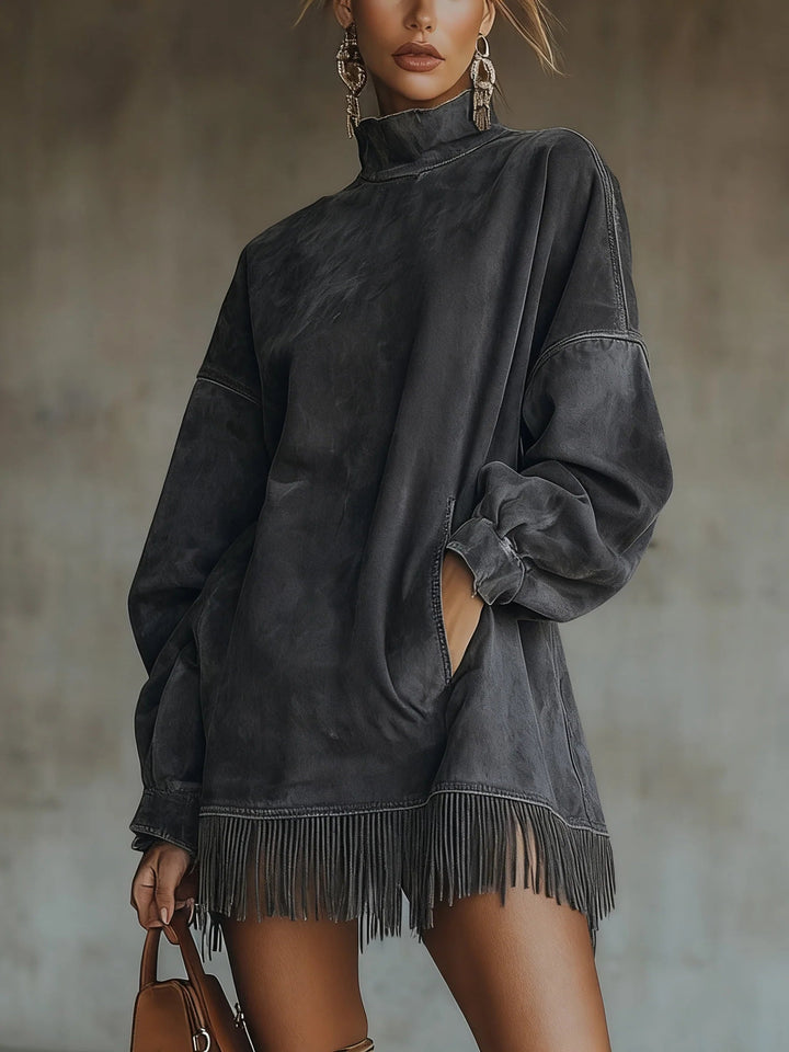 Irena | Long Sleeve Fringe-Trim Mini Dress