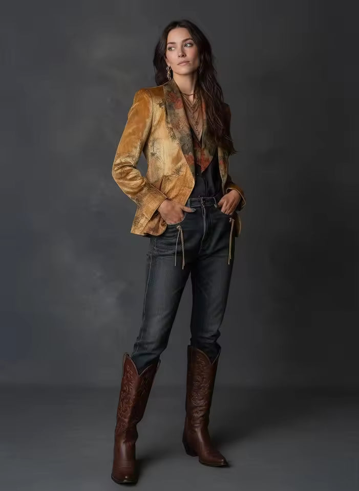 Aiah | Retro Floral Velvet Tailored Fit Blazer