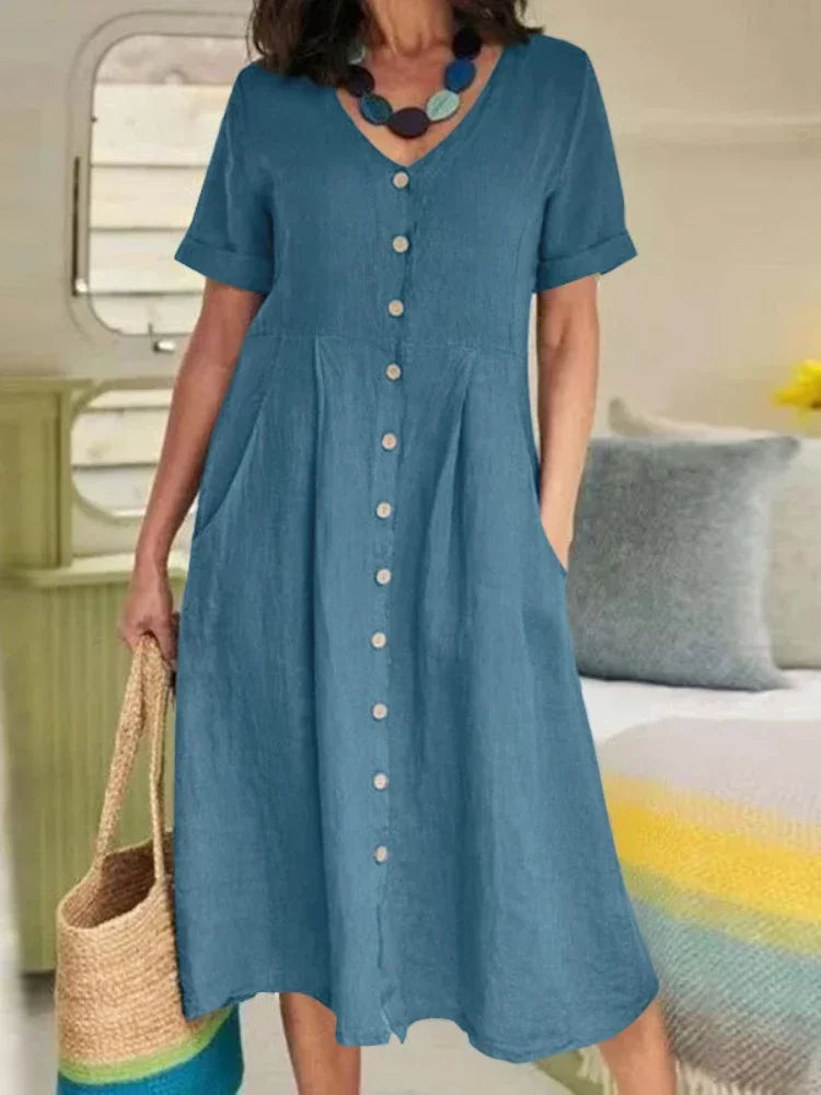 Martina | V-Neck Pleated Button Dress