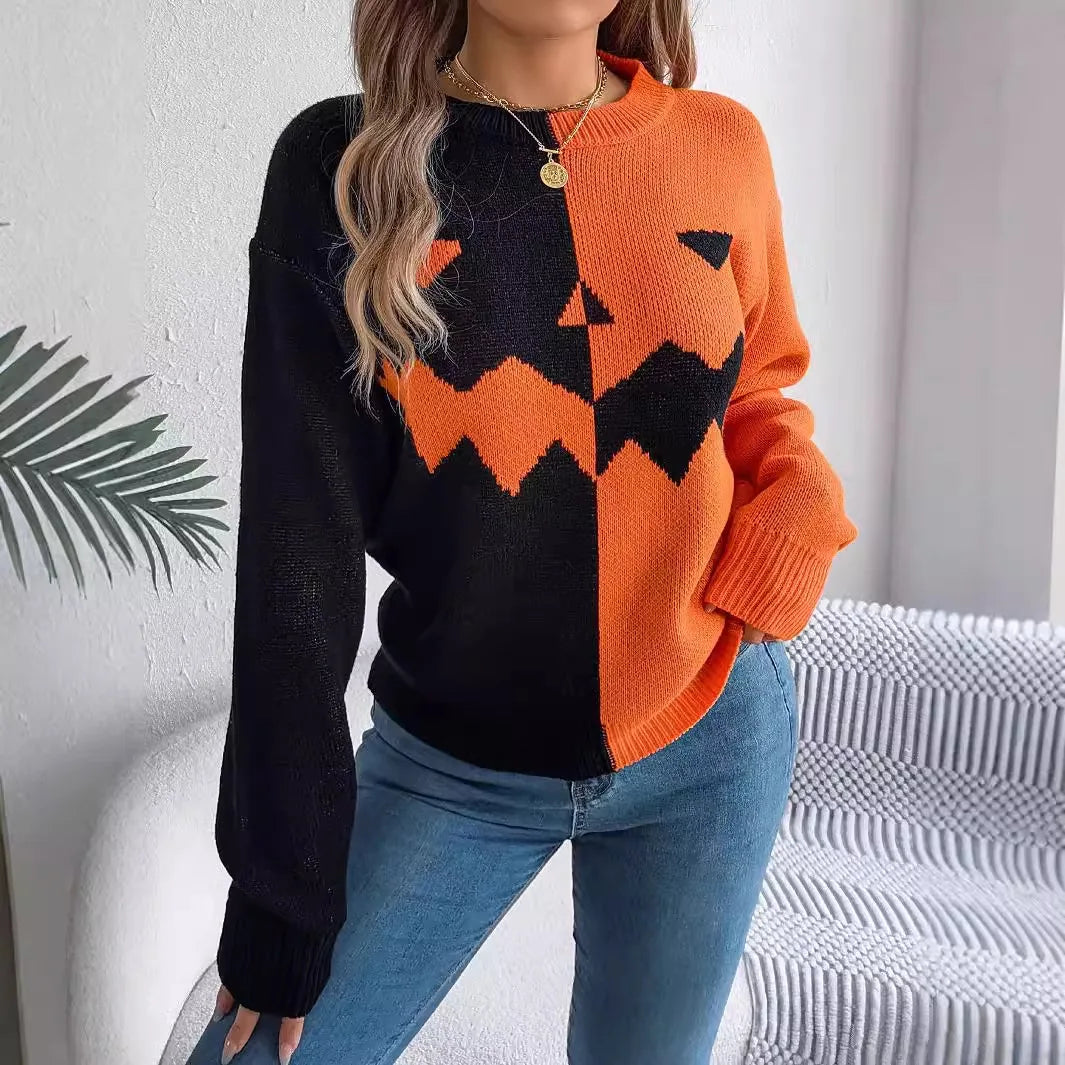 Victoria | Jack O’ Lantern Sweater with Colorblock Design
