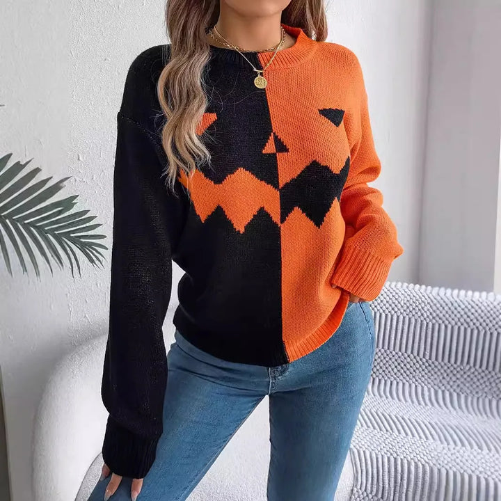Victoria | Jack O’ Lantern Sweater with Colorblock Design