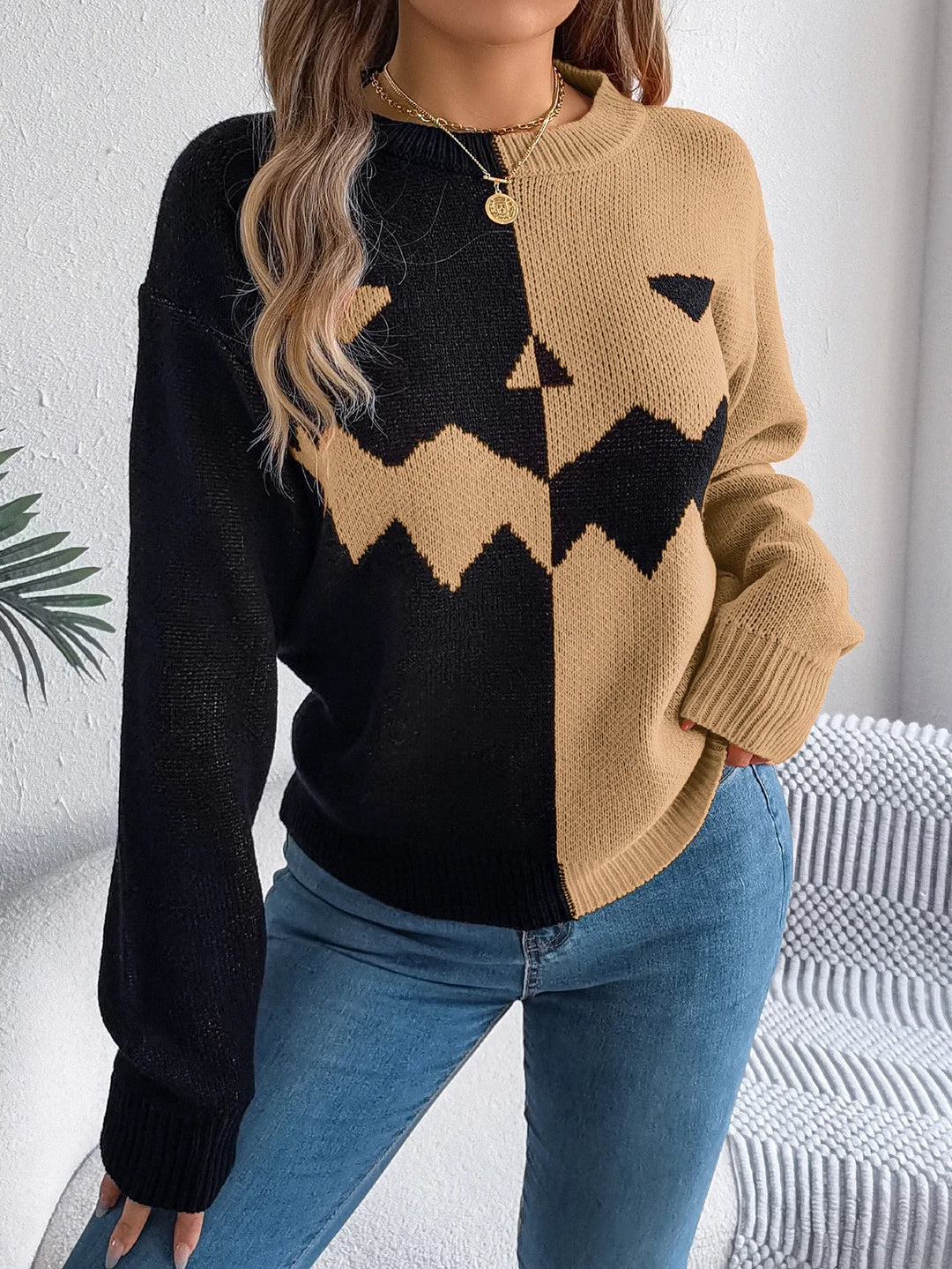 Victoria | Jack O’ Lantern Sweater with Colorblock Design