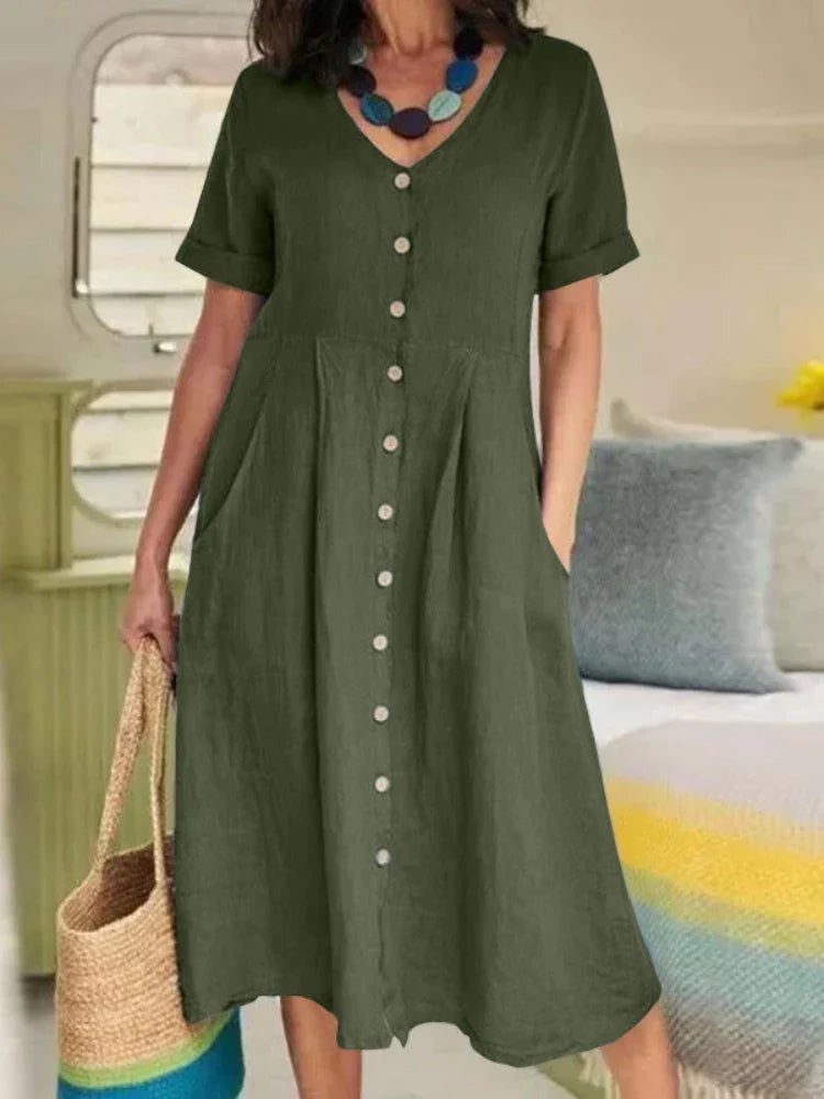 Martina | V-Neck Pleated Button Dress