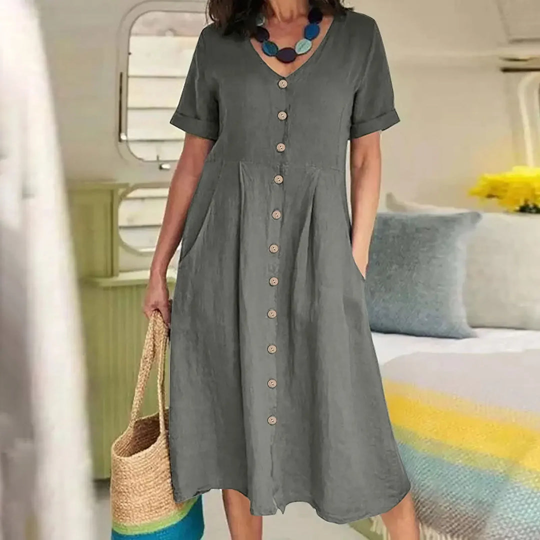 Martina | V-Neck Pleated Button Dress