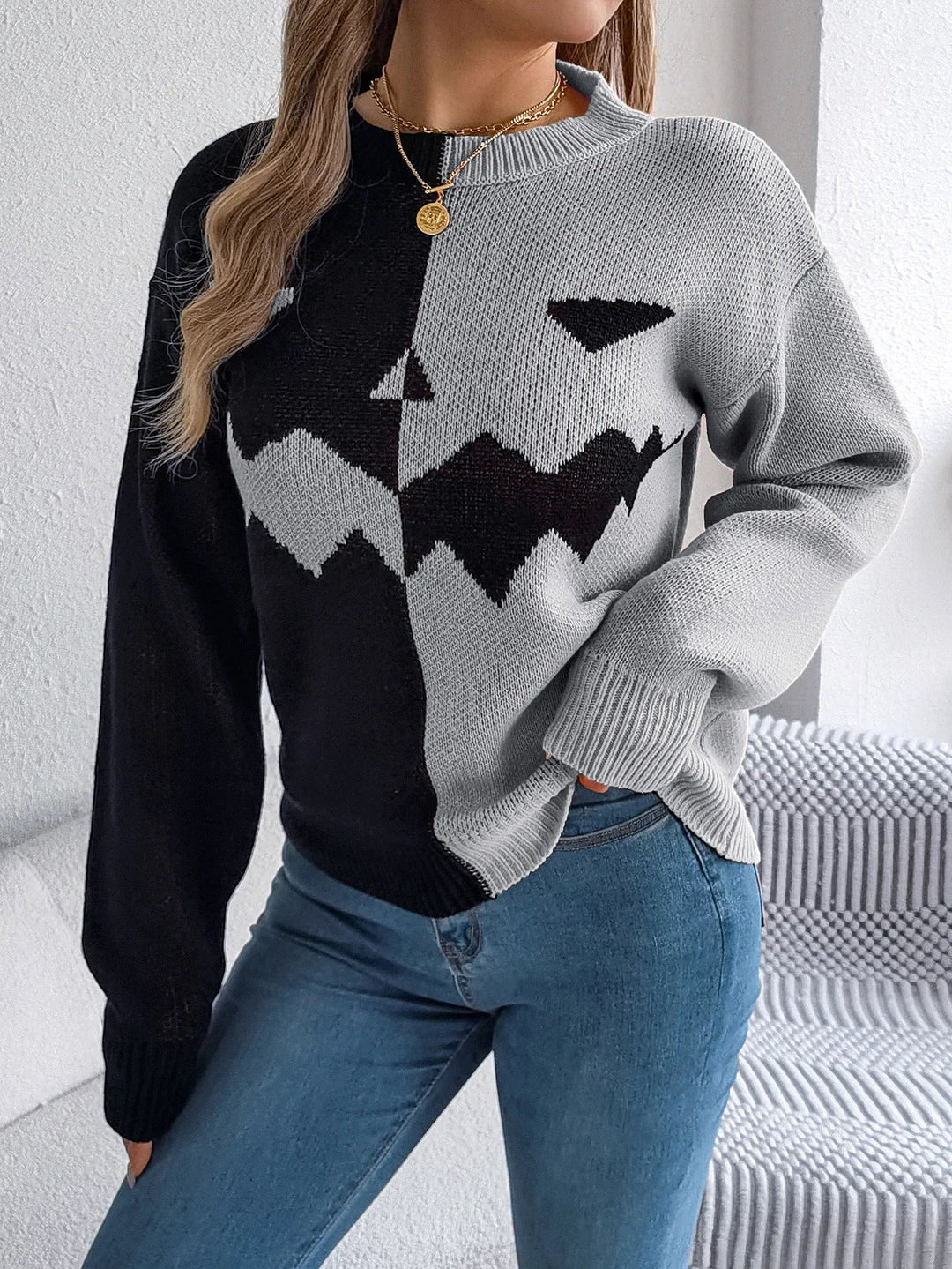 Victoria | Jack O’ Lantern Sweater with Colorblock Design