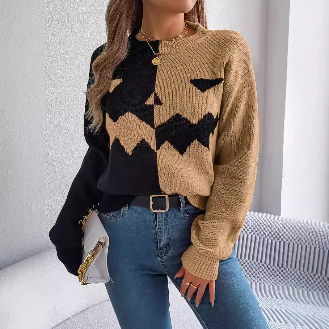 Victoria | Jack O’ Lantern Sweater with Colorblock Design